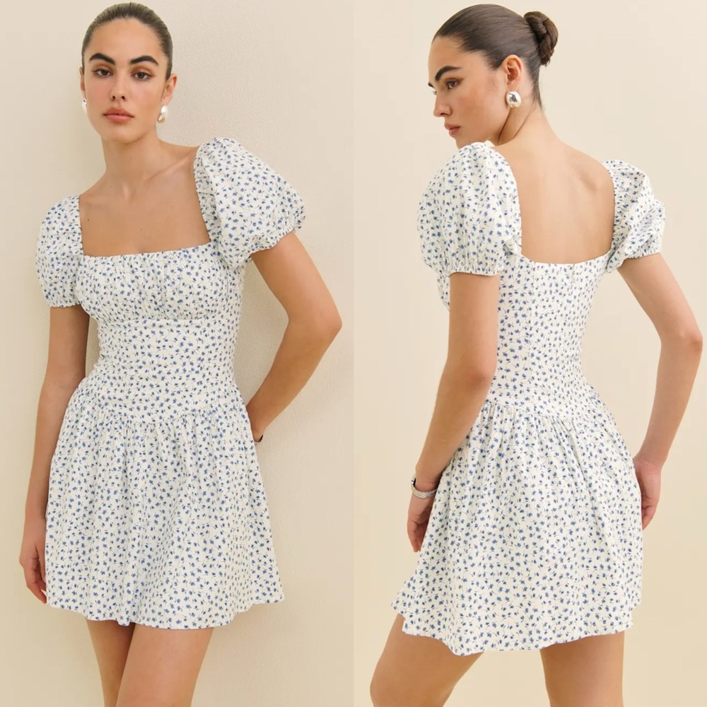 Reformation White Mini Dress with Blue Floral Print